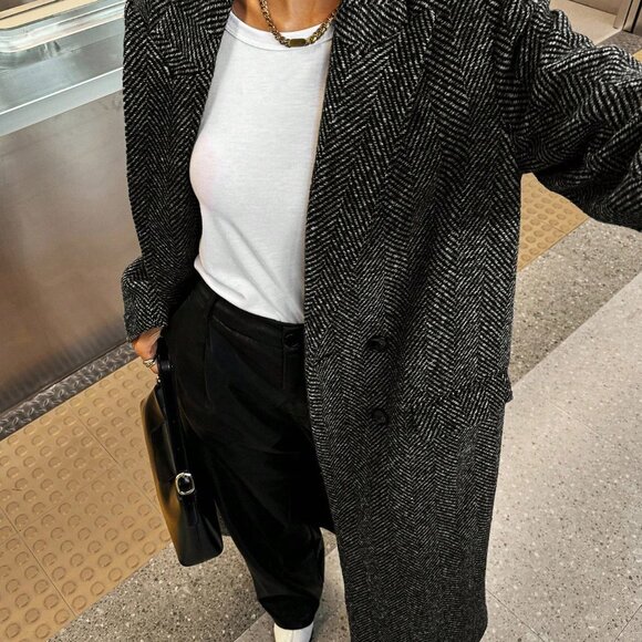 Black And White Casual Women's Double-Breasted Trench Coat - Picture 4 of 6